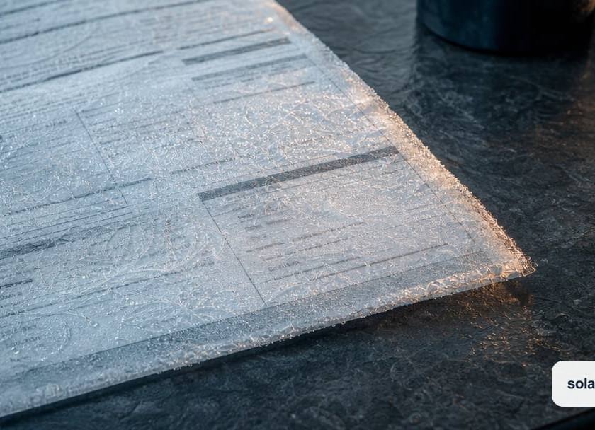 A residential electric utility bill lying on a dark slate kitchen counter, its paper surface encased in a thin sheet of translucent frost.