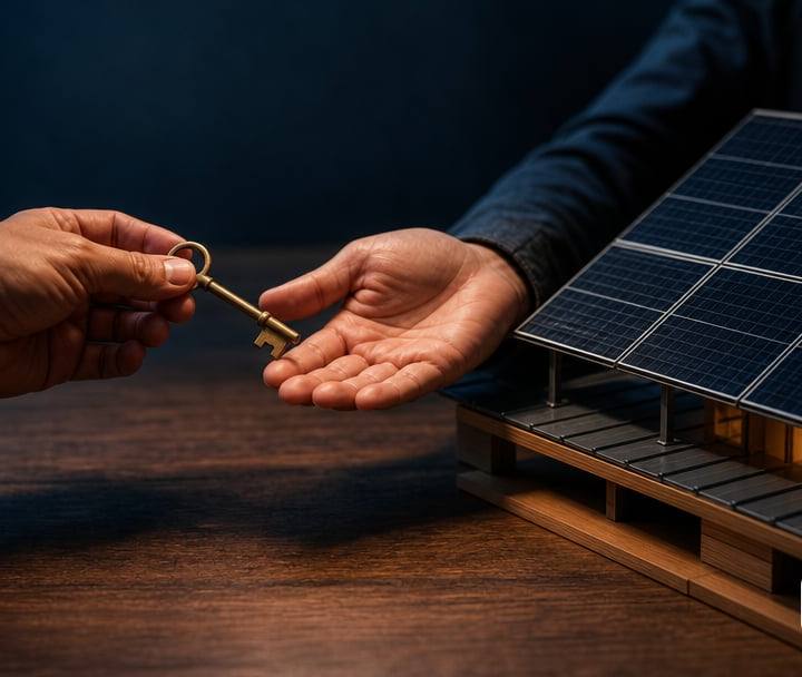 A pair of hands passing a small brass key across a table toward a scale model of a rooftop solar array on a wooden stand.