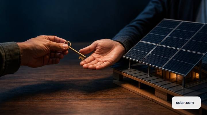 A pair of hands passing a small brass key across a table toward a scale model of a rooftop solar array on a wooden stand.