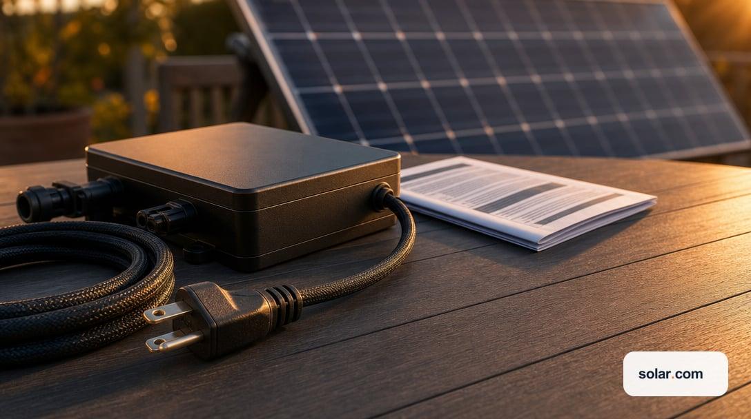 A small unbranded plug-in microinverter box resting on a patio table beside a coiled cable ending in a standard 120V household plug.