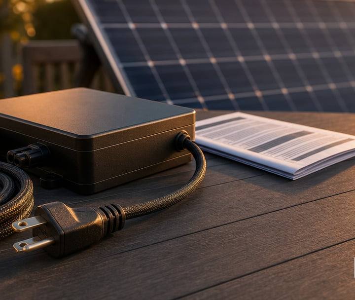 A small unbranded plug-in microinverter box resting on a patio table beside a coiled cable ending in a standard 120V household plug.