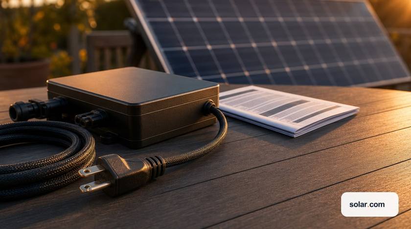 A small unbranded plug-in microinverter box resting on a patio table beside a coiled cable ending in a standard 120V household plug.