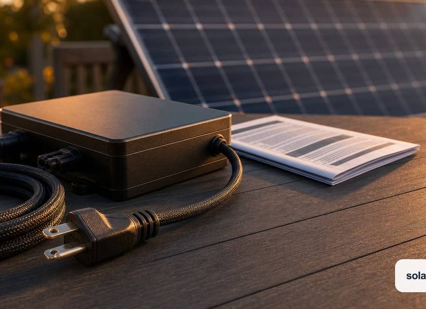 A small unbranded plug-in microinverter box resting on a patio table beside a coiled cable ending in a standard 120V household plug.