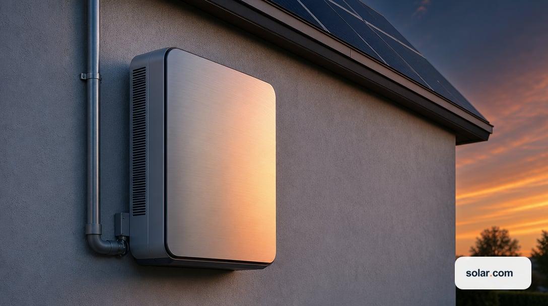 A sleek generic unbranded home battery unit mounted on an exterior stucco wall beside a conduit run, a corner of rooftop solar panels visib…
