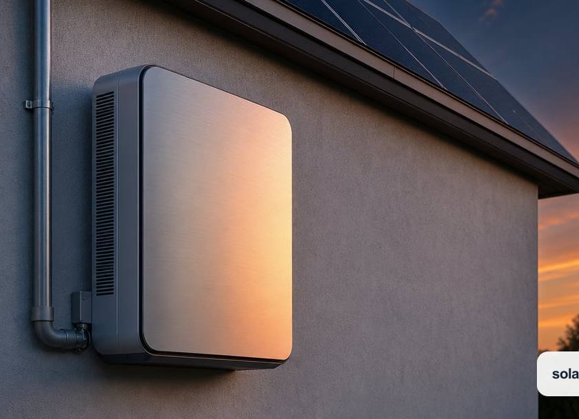 A sleek generic unbranded home battery unit mounted on an exterior stucco wall beside a conduit run, a corner of rooftop solar panels visib…