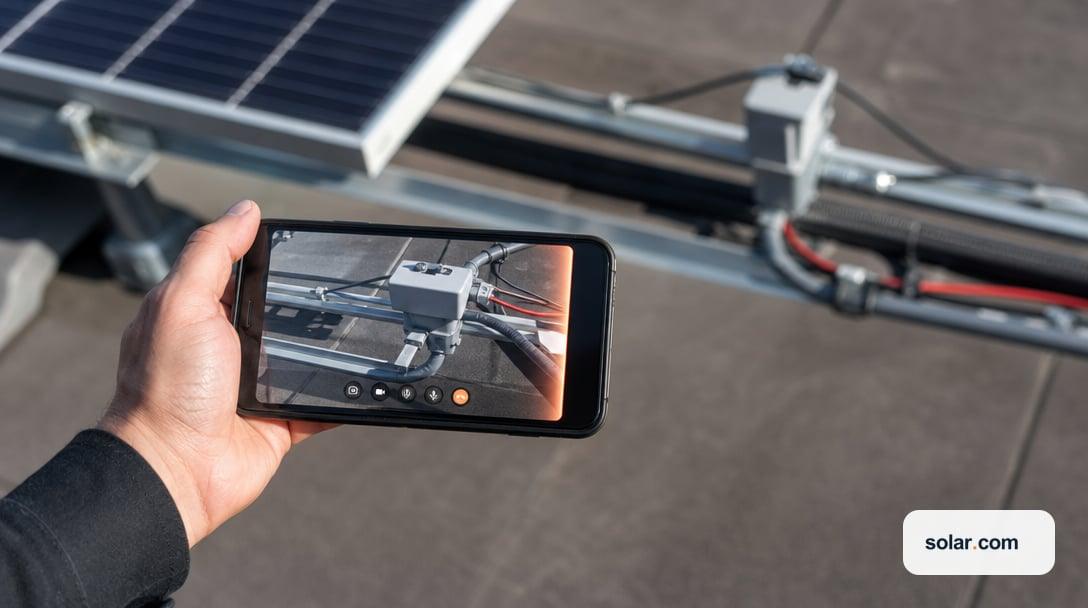 A hand holding a generic smartphone on a rooftop, the screen showing a live video-call view of solar panel wiring and conduit.