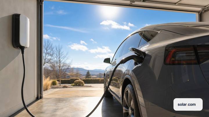 An unbranded EV charging connector plugged into a car from a wall mounted charger in a residential garage at bright midday