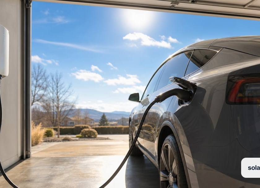 An unbranded EV charging connector plugged into a car from a wall mounted charger in a residential garage at bright midday