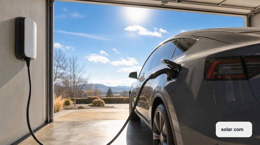 An unbranded EV charging connector plugged into a car from a wall mounted charger in a residential garage at bright midday