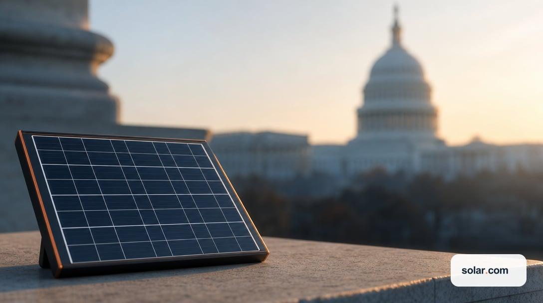A single compact solar panel resting on a desk or ledge in sharp foreground, the U.S. Capitol building in the background.