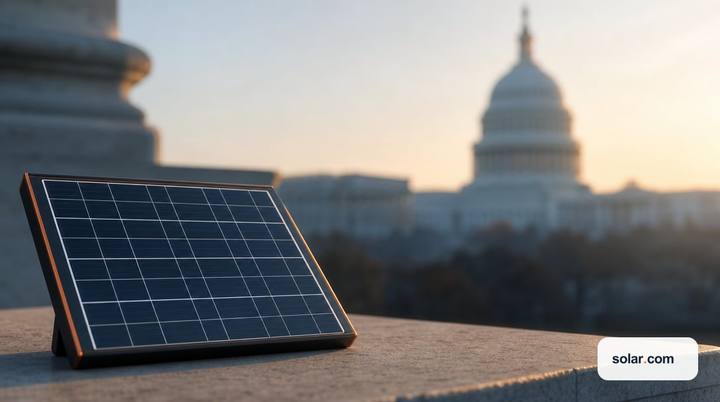A single compact solar panel resting on a desk or ledge in sharp foreground, the U.S. Capitol building in the background.