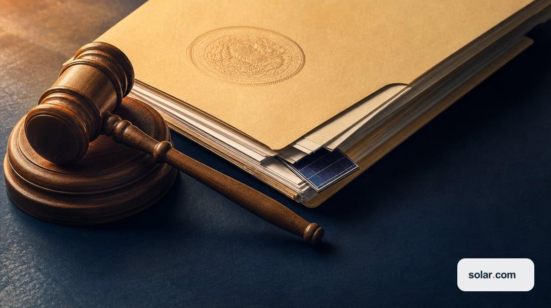 A close editorial still life of a wooden judge's gavel resting on its sound block beside a thick manila legal folder.