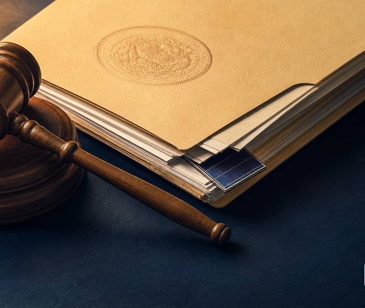 A close editorial still life of a wooden judge's gavel resting on its sound block beside a thick manila legal folder.