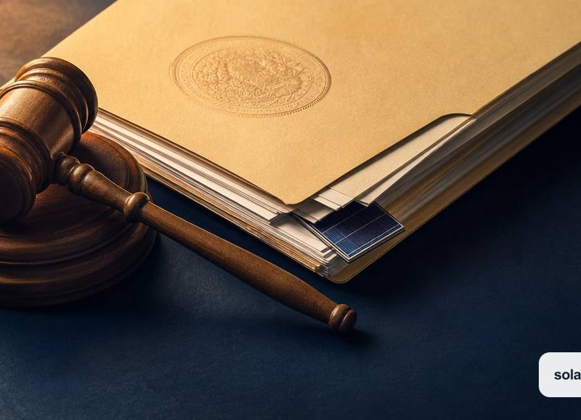A close editorial still life of a wooden judge's gavel resting on its sound block beside a thick manila legal folder.