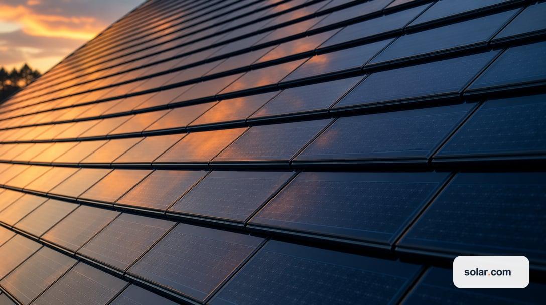 A close, angled detail of a residential roof surface made of sleek dark glass solar shingles laid in overlapping rows.