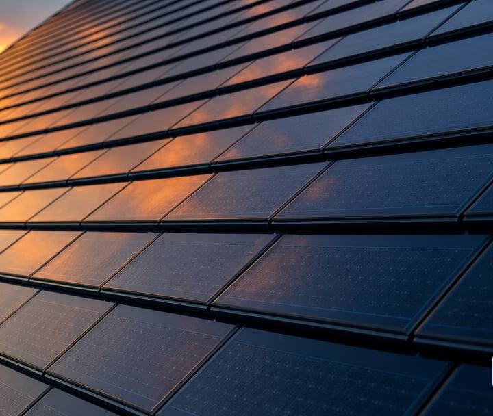 A close, angled detail of a residential roof surface made of sleek dark glass solar shingles laid in overlapping rows.