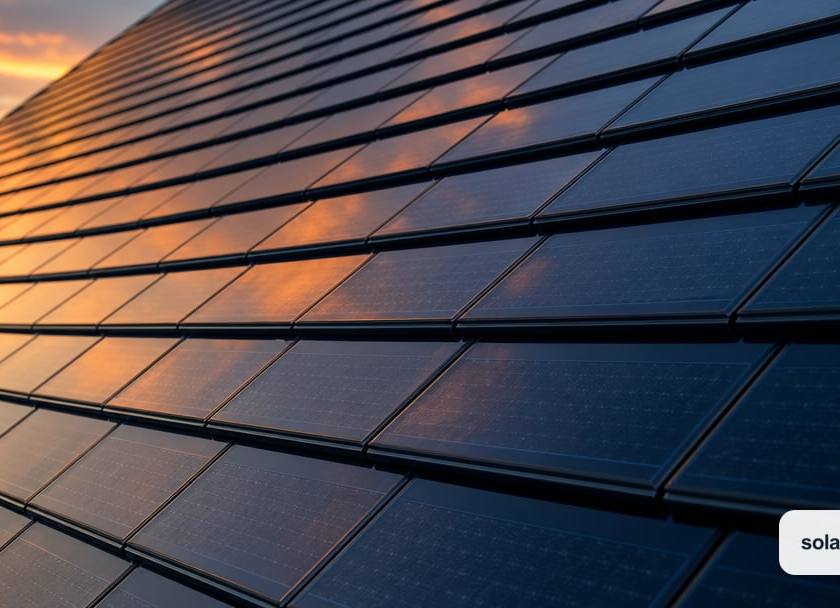 A close, angled detail of a residential roof surface made of sleek dark glass solar shingles laid in overlapping rows.