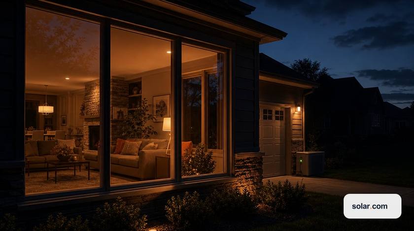 A cozy modern living room interior at night with lamps and ceiling lights softly on, seen through a large window from just outside.