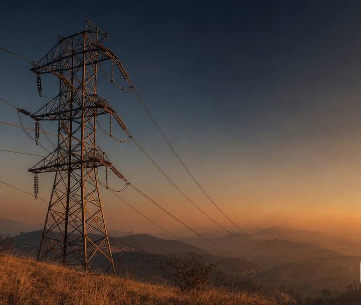 A weathered high-voltage transmission tower and sagging power lines standing alone against a smoke-tinged California dusk sky, distant dry…