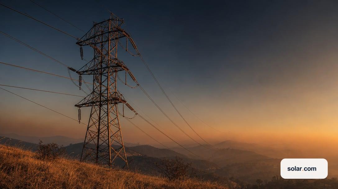 A weathered high-voltage transmission tower and sagging power lines standing alone against a smoke-tinged California dusk sky, distant dry…