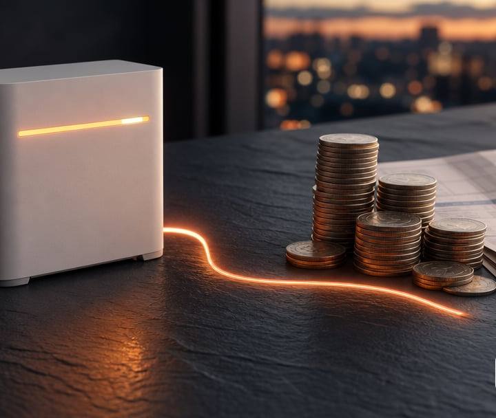A tabletop split-scene diorama of home energy value, on one side a small unbranded matte-white home battery module.