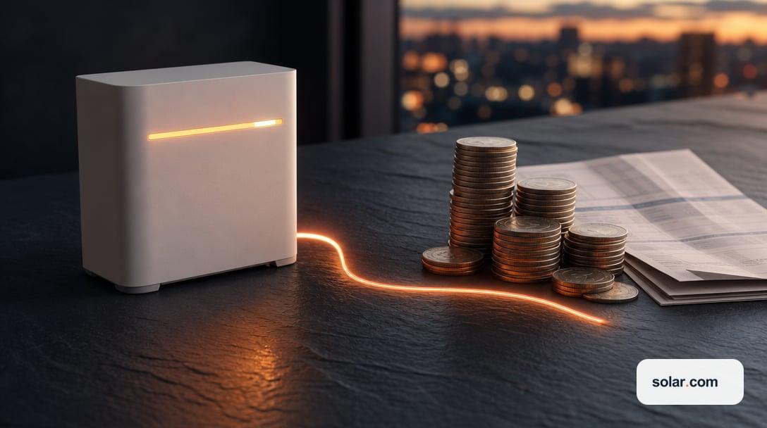 A tabletop split-scene diorama of home energy value, on one side a small unbranded matte-white home battery module.