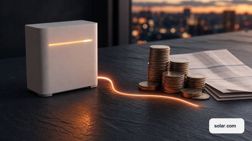 A tabletop split-scene diorama of home energy value, on one side a small unbranded matte-white home battery module.