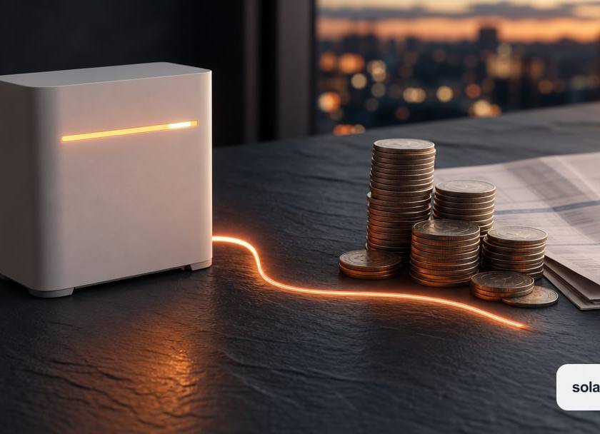 A tabletop split-scene diorama of home energy value, on one side a small unbranded matte-white home battery module.