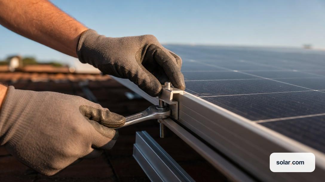 A pair of installer's gloved hands tightening a mounting clamp on the edge of an unbranded solar panel on a rooftop, tools and rail visible…