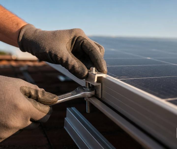 A pair of installer's gloved hands tightening a mounting clamp on the edge of an unbranded solar panel on a rooftop, tools and rail visible…