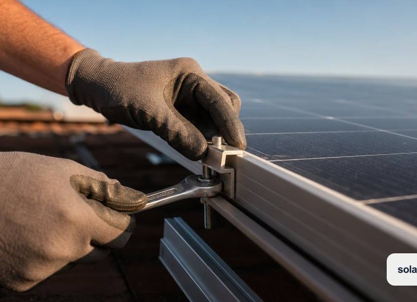 A pair of installer's gloved hands tightening a mounting clamp on the edge of an unbranded solar panel on a rooftop, tools and rail visible…