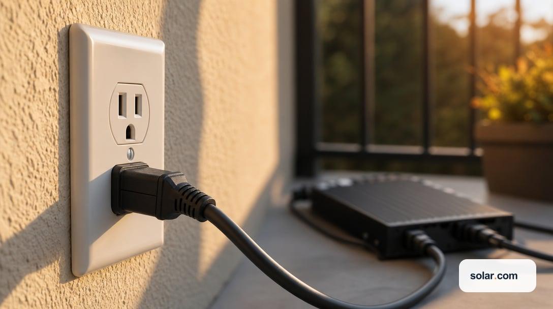 An extreme close-up of a standard three-prong 120-volt power cord plugged into a clean white residential wall outlet.