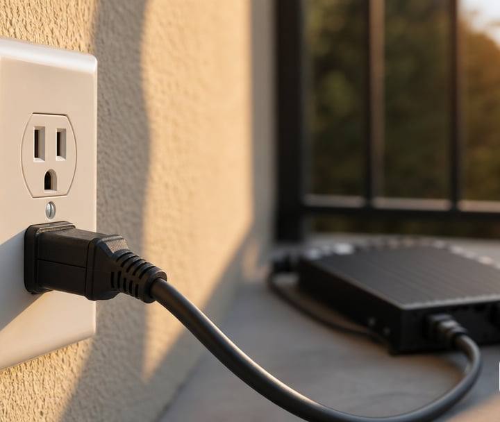 An extreme close-up of a standard three-prong 120-volt power cord plugged into a clean white residential wall outlet.
