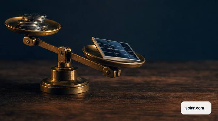 A brass balance scale weighing a stack of coins against a small solar panel