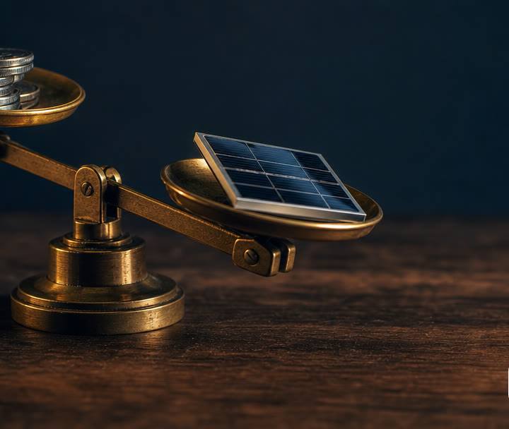A brass balance scale weighing a stack of coins against a small solar panel