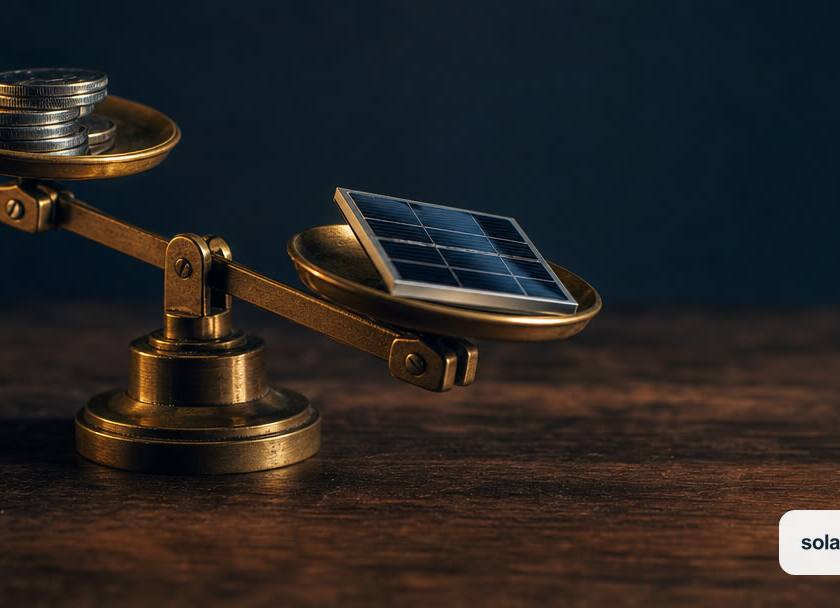 A brass balance scale weighing a stack of coins against a small solar panel