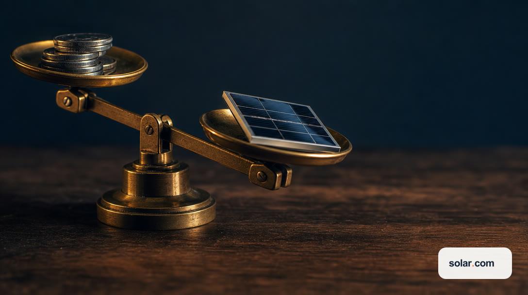 A brass balance scale weighing a stack of coins against a small solar panel