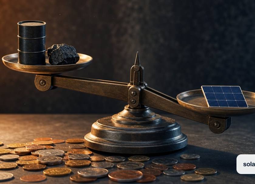 A tabletop balance scale, one pan holding a miniature oil barrel and a lump of coal, the other pan holding a tiny solar array.