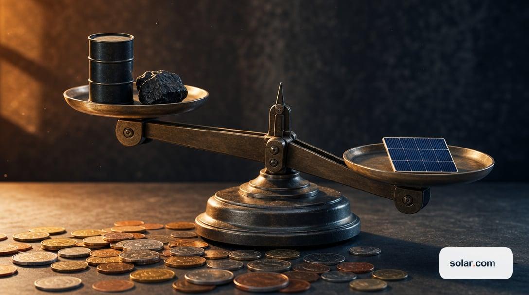 A tabletop balance scale, one pan holding a miniature oil barrel and a lump of coal, the other pan holding a tiny solar array.