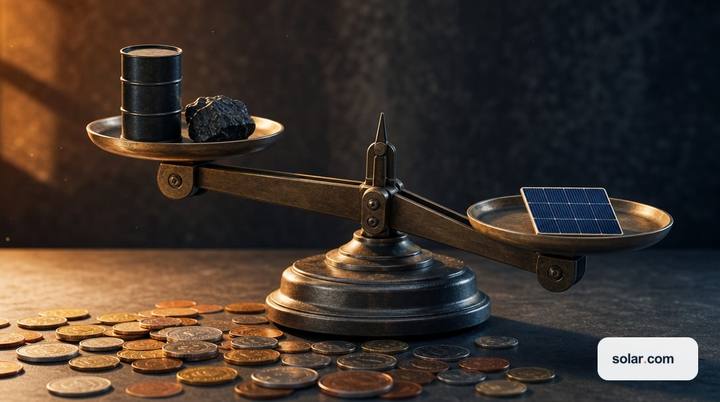 A tabletop balance scale, one pan holding a miniature oil barrel and a lump of coal, the other pan holding a tiny solar array.