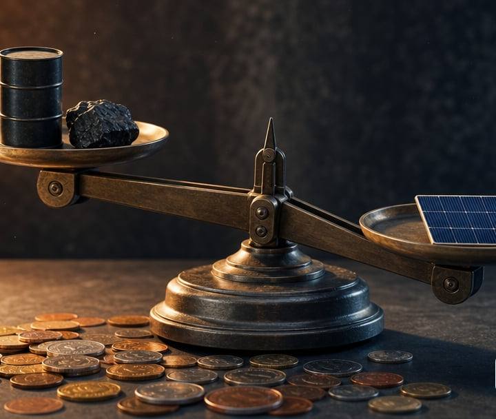 A tabletop balance scale, one pan holding a miniature oil barrel and a lump of coal, the other pan holding a tiny solar array.